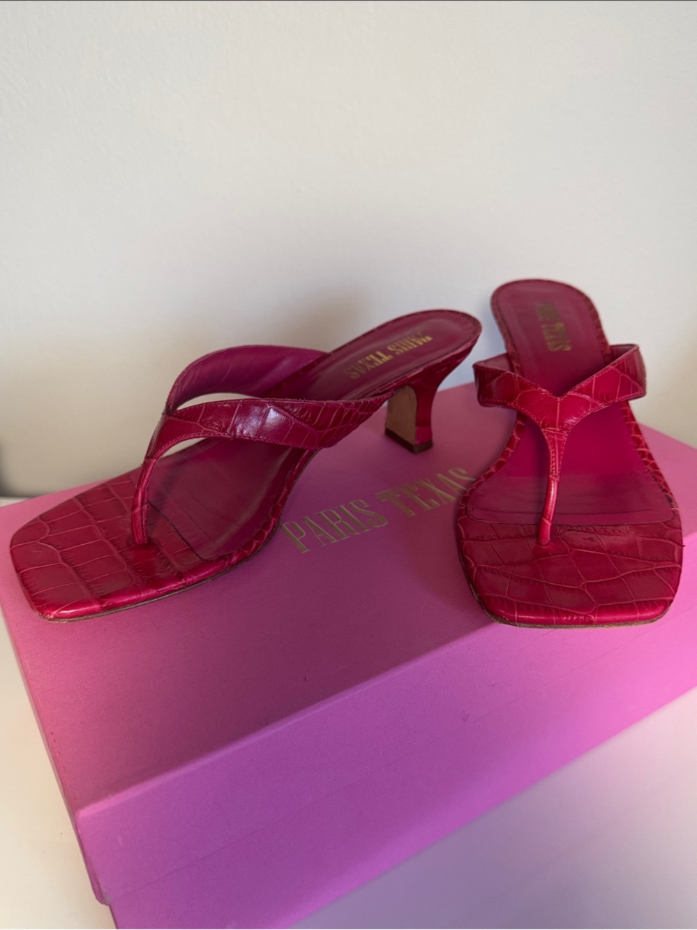 Paris Texas Hot Pink Croc-Embossed Thong Heels